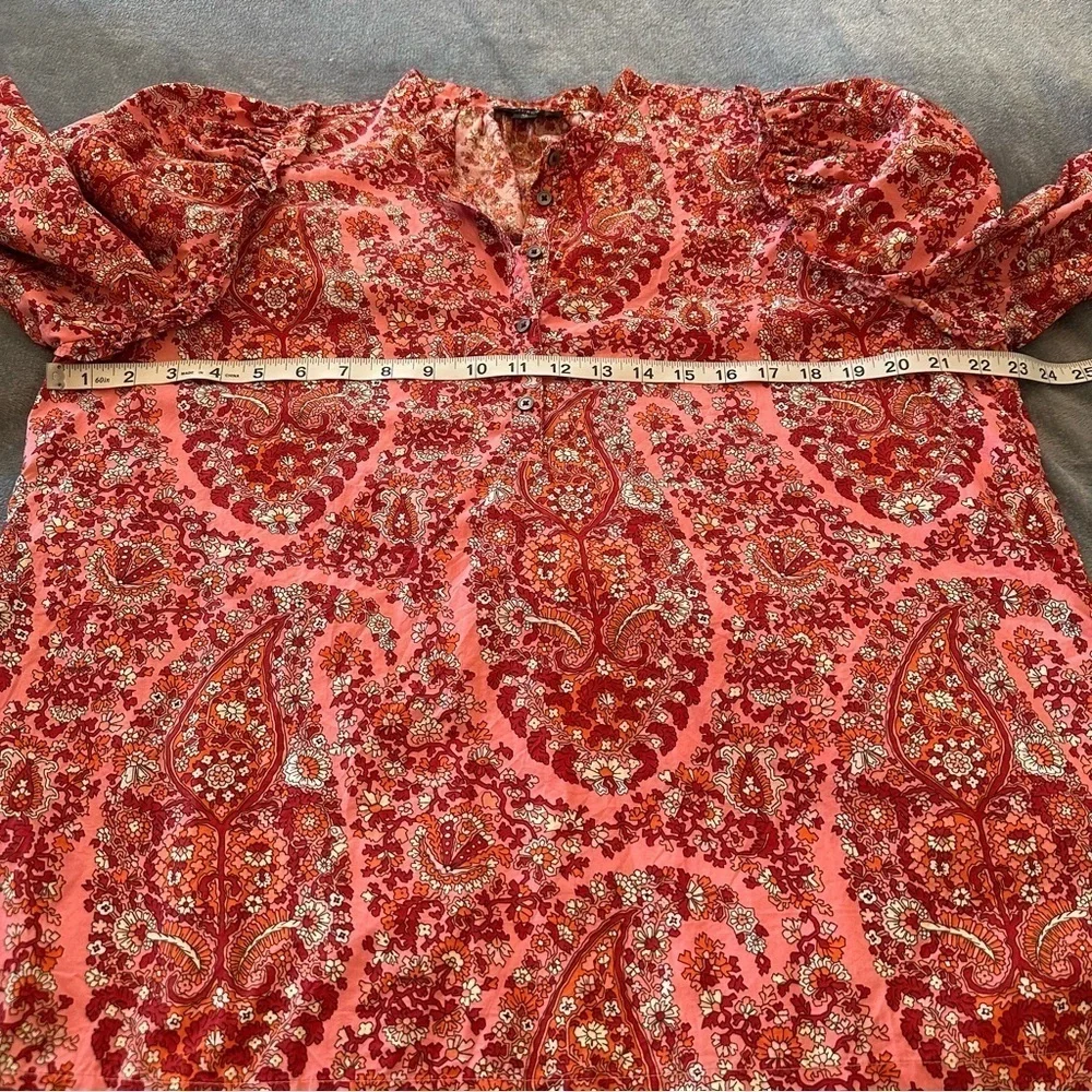 J. Crew Puff-sleeve paisley Ruffle neck Pink Red Boho Blouse Size XL